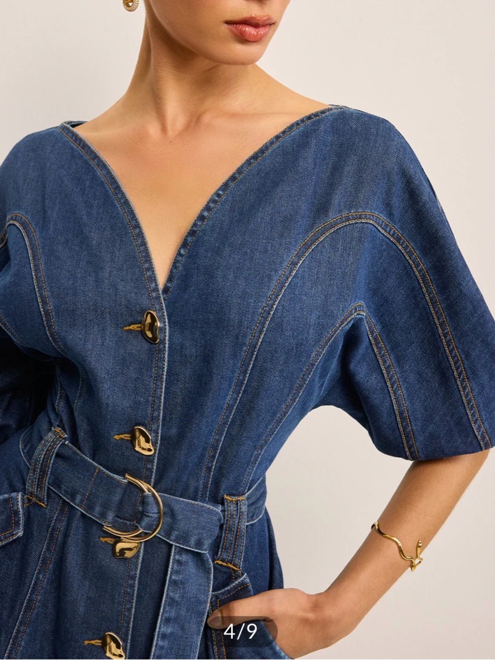 Commense Indigo Denim Mini Dress with Gold Accents NWT Fits Med-Large-XL - Picture 3 of 9
